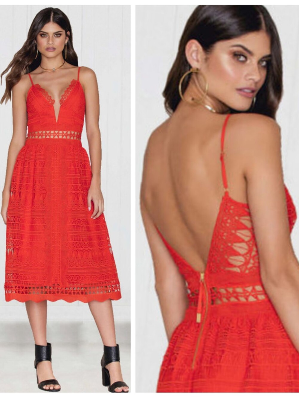 SAYLOR $297 Phoebe Midi Dress Red Guipure Lace Women's Small Red / Orange Cali